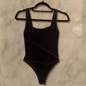Solid and Striped Black One Piece Bikini with Mesh and White Stitching